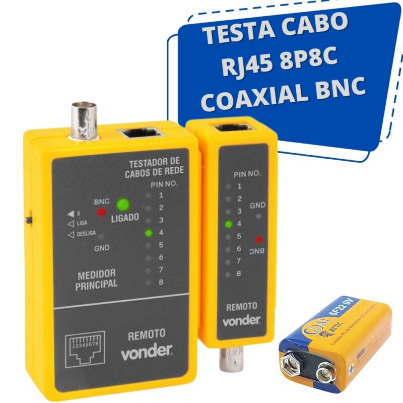 Testador de Cabo de Rede RJ45 e Cabo Coaxial BNC, Master e Remoto - Vonder