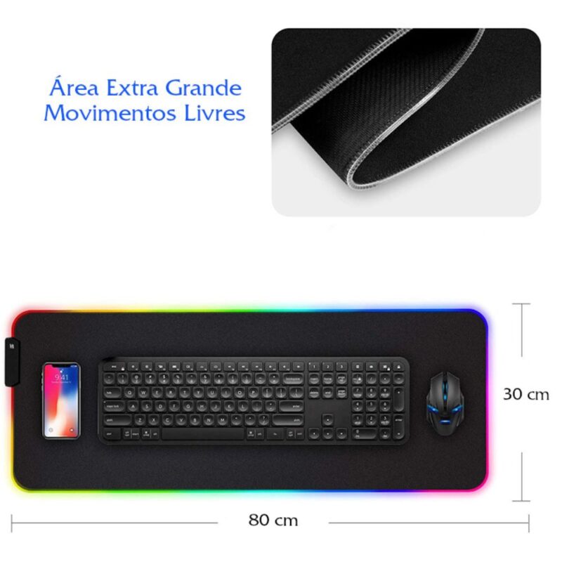 Mouse Pad Gamer Extra Grande 800x300mm Led Rgb Exbom MP-LED3080 - Preto - Image 5