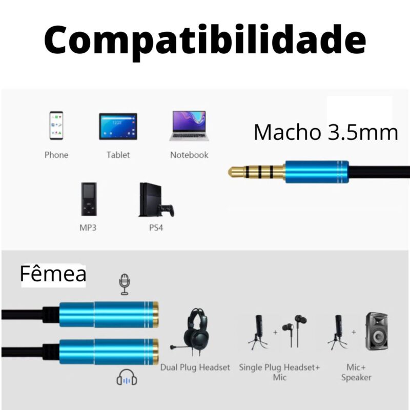 Cabo P2 P3 Adaptador de Áudio 2 P2 Fêmea x 1 P3 Macho Estéreo 3.5mm - Image 2