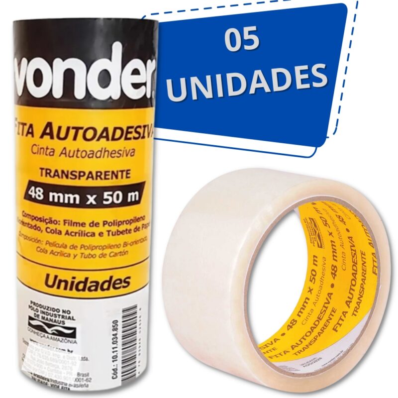 Kit 5 Fita Adesiva Transparente 48mm x 50m Embalagem Empacotamento Ecommerce