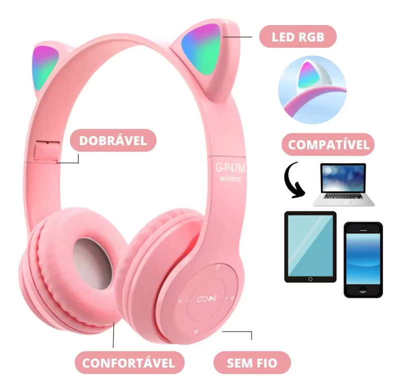 Fone de Ouvido Gatinho Bluetooth Infantil LED – Perfeito para Meninos e Meninas Altomex B-19 - Image 3