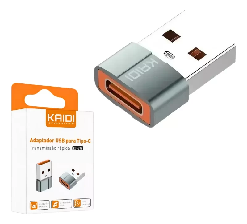 Adaptador USB para Tipo-C Kaidi KD-339 – Transmissão de Dados Rápida e Conectividade Universal