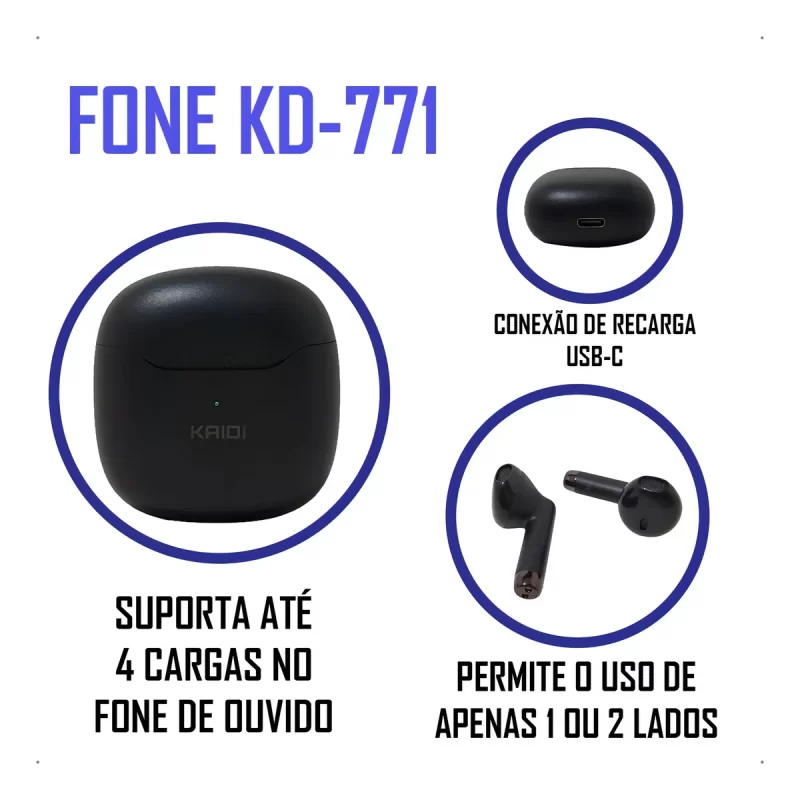 Fone de Ouvido Sem Fio TWS Bluetooth 5.1 Kaidi KD-771 – Conexão Estável e Áudio Premium - Image 6