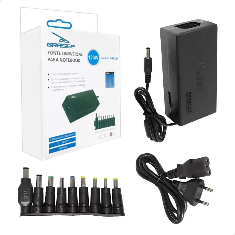 Fonte Carregador Universal para Notebook com 9 Plugs Bivolt 12V-24V Grasep D-RR100