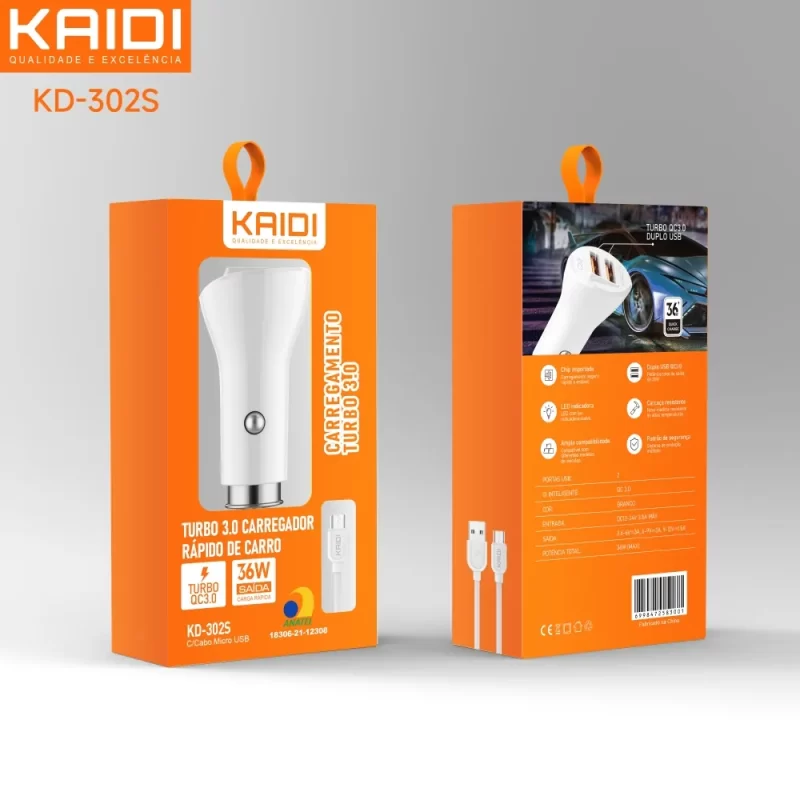 Carregador Veicular Turbo Kaidi KD-302S Cabo V8 Micro Usb